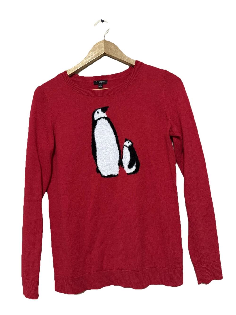 Talbots Petite Red Sweater Penguin Print Cashmere Cotton Size P Women's